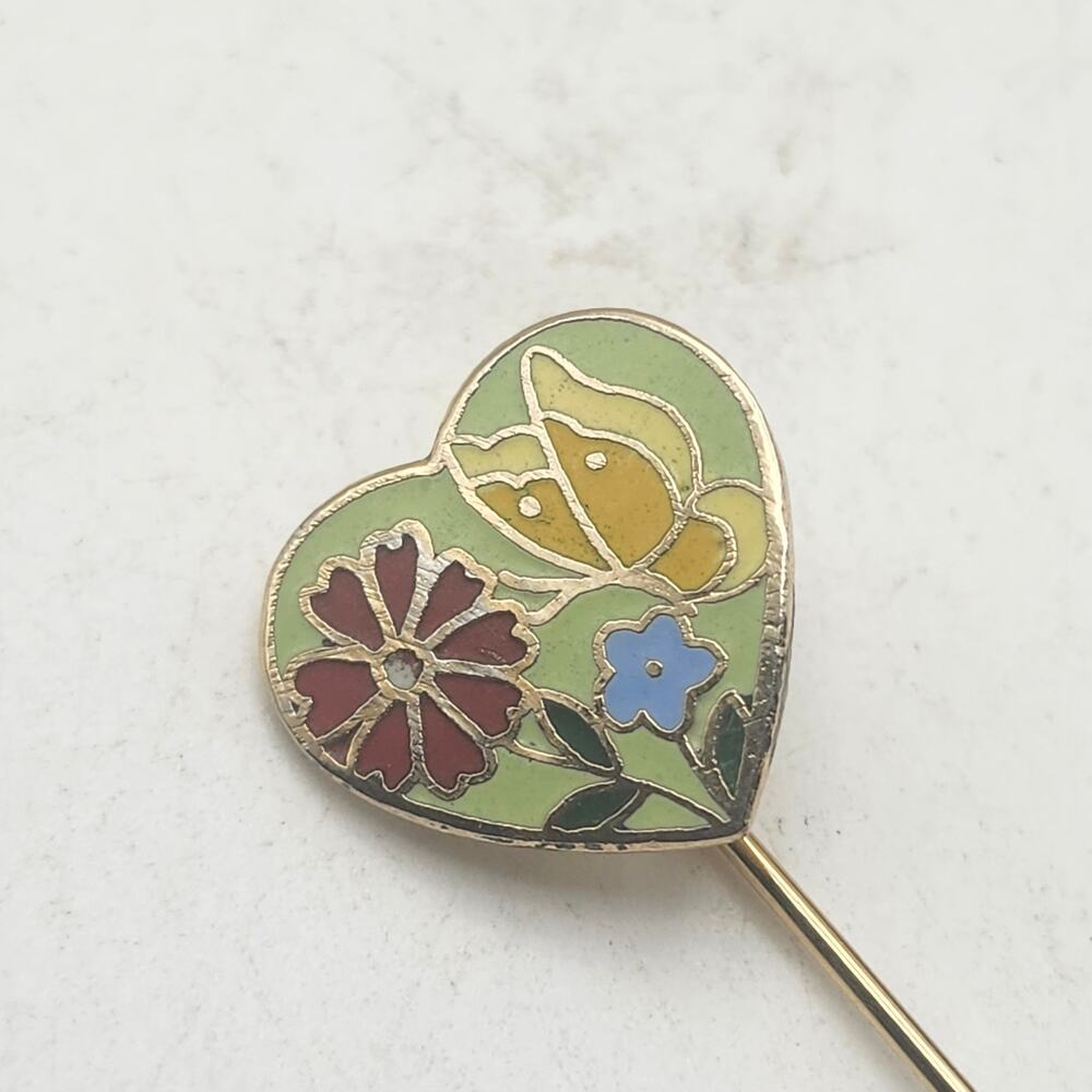 Gold Tone Cloisonne Enamel Heart Floral Butterfly Stick Pin Brooch Safety Cap